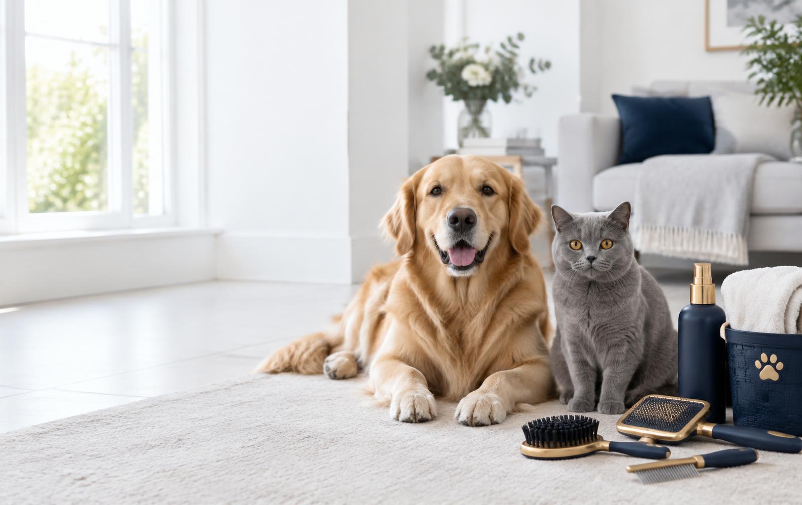 Golden retriever and grey cat with pet care accessories